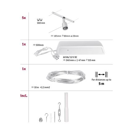 Paulmann 94442 - SET 5xGU5,3/10W Einbaustrahler für Seilsystem SALT 230V mattchrom