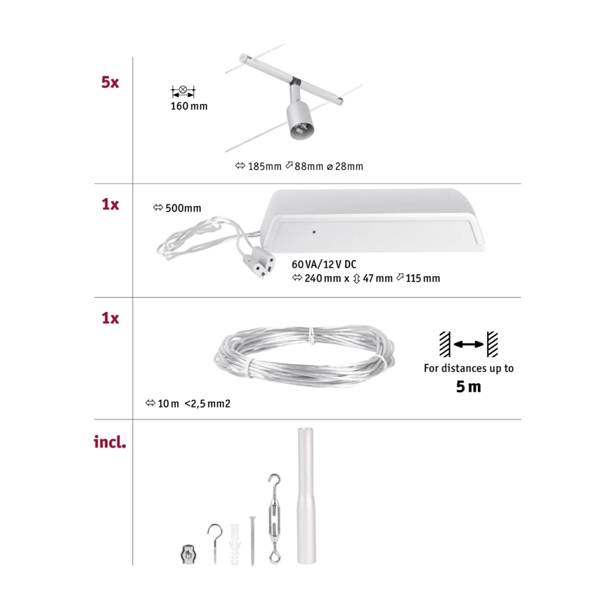 Paulmann 94442 - SET 5xGU5,3/10W Einbaustrahler für Seilsystem SALT 230V mattchrom