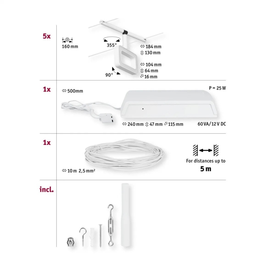 Paulmann 94483 - SET 5xLED/4,8W Einbauleuchte für das Seilsystem FRAME 230V Weiß