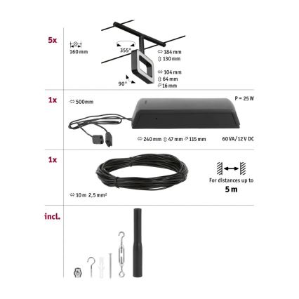 Paulmann 94485 - SET 5xLED/4,8W Einbauleuchte für das Seilsystem FRAME 230V schwarz