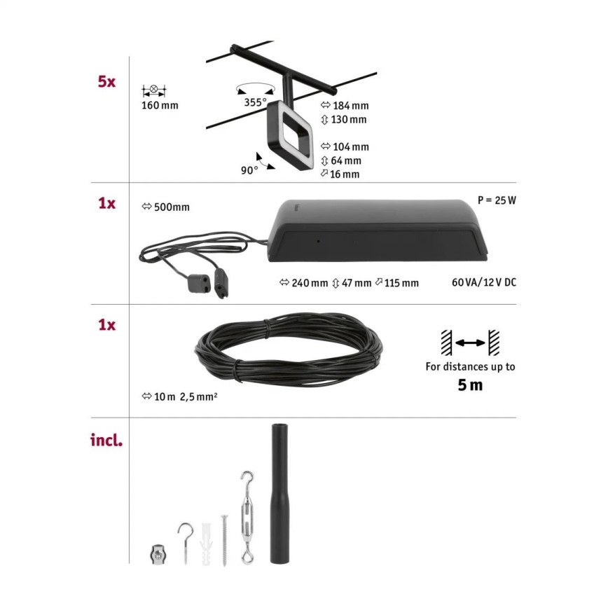 Paulmann 94485 - SET 5xLED/4,8W Einbauleuchte für das Seilsystem FRAME 230V schwarz