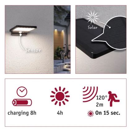 Paulmann 95393 - LED/4W IP44 Dimmbares solarbetriebenes Wandleuchte mit Sensor SOLVEIG 3,7V 2000 mAh