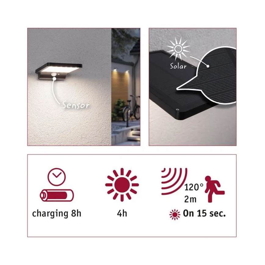 Paulmann 95393 - LED/4W IP44 Dimmbare Solar-Wandleuchte mit Sensor SOLVEIG 3,7V 2000 mAh