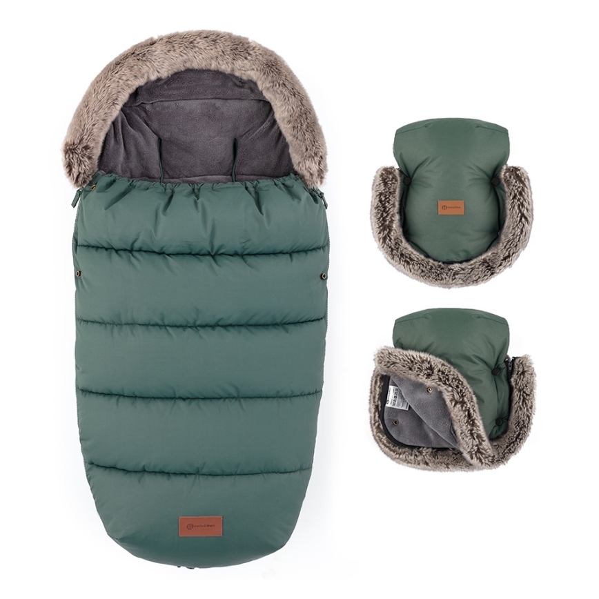 PETITE&MARS - SET Kinderfußsack 4-in-1 COMFY + Handmuffs für Kinderwagen FURRY Khaki