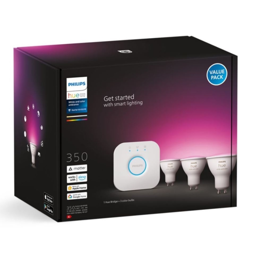 Grundset Philips Hue WHITE AND COLOR AMBIANCE 3xGU10/5,7W/230V 2000-6500K + Verbindungsgerät
