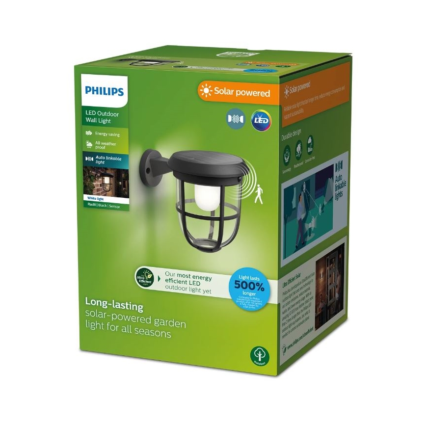 Philips - LED Solar-Wandleuchte mit Bewegungs- und Dämmerungssensor RADII LED/1,3W/3,7V 2000 mAh 3000K IP44