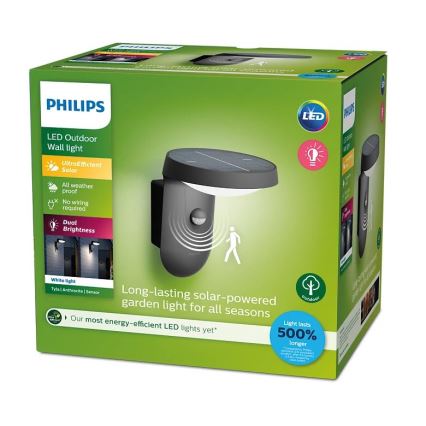 Philips - LED Solar-Wandleuchte mit Bewegungs- und Dämmerungssensor LED/1,2W/4V 1800 mAh 3000K IP44