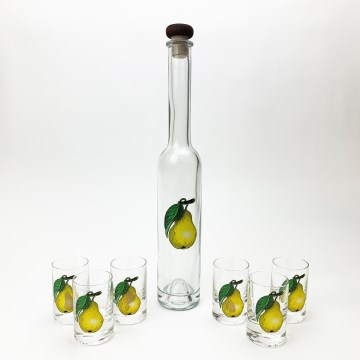 Platin-Set 1x Glasflasche und 6x klare Schnapsgläser mit Birnenmotiv