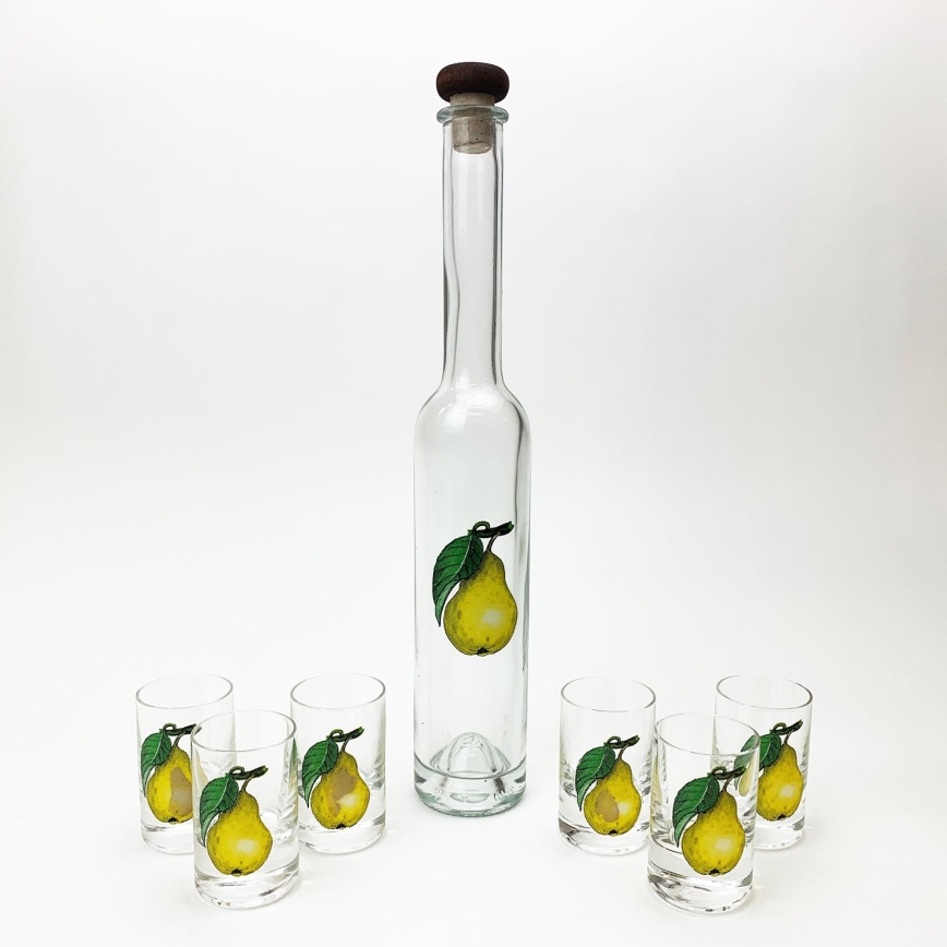 Platin-Set 1x Glasflasche und 6x klare Schnapsgläser mit Birnenmotiv
