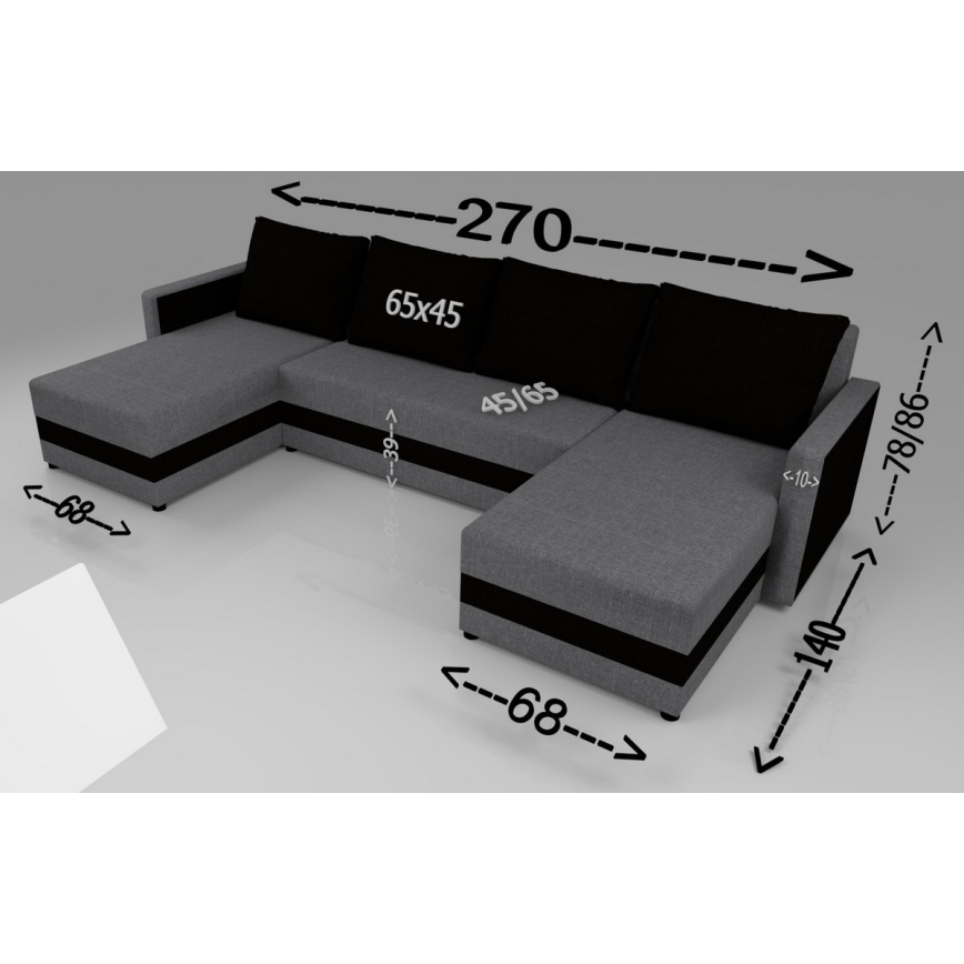 Gepolstertes universelles U-förmiges Schlafsofa BRISTOL in Grau/Schwarz