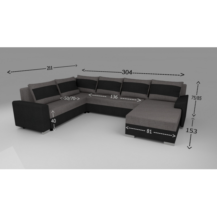 Polsterbare universelle U-förmige Schlafcouch OXFORD schwarz/grau