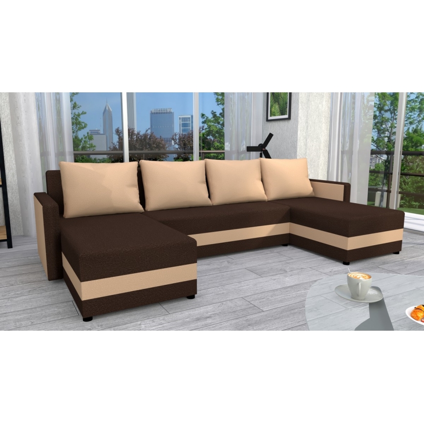 Polsterbare universelle Eckcouch zum Ausziehen in U-Form BRISTOL Braun/Beige