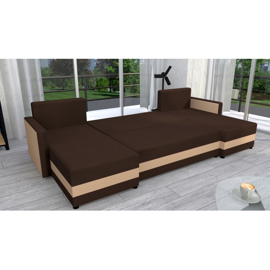 Polsterbare universelle Eckcouch zum Ausziehen in U-Form BRISTOL Braun/Beige