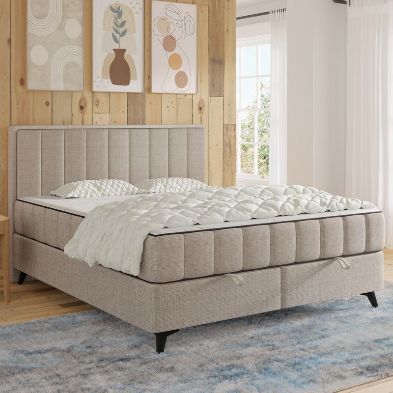 Polsterbett ALICIA 140x200 cm mit Matratzen, Topper (Matratzenauflage) und großzügigem Stauraum, beige