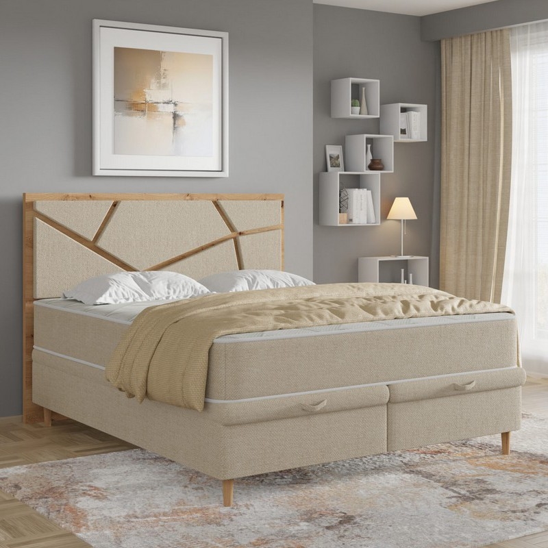 Polsterbett NAOMI 140x200 cm mit Matratzen und Stauraum, beige