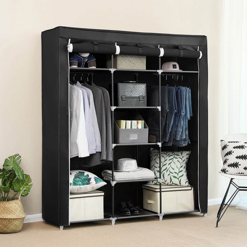 Praktischer Textil-Kleiderschrank mit Regalen und Kleiderstange MATIS 150x175 cm schwarz