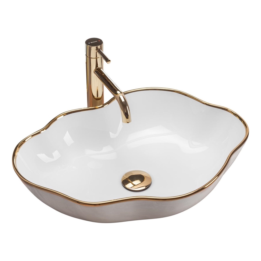 REA-U0696 - Aufsatzwaschbecken PEARL 38x50,5 cm Keramik/Hochglanzweiß/goldfarben