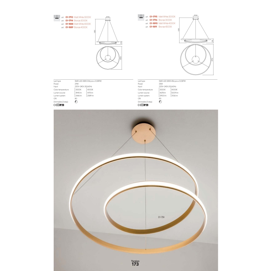 Redo 01-1889 - TORSION dimmbare LED-Pendelleuchte an Stahlseil LED/29W/230V 4000K Ø 55 cm bronzefarben
