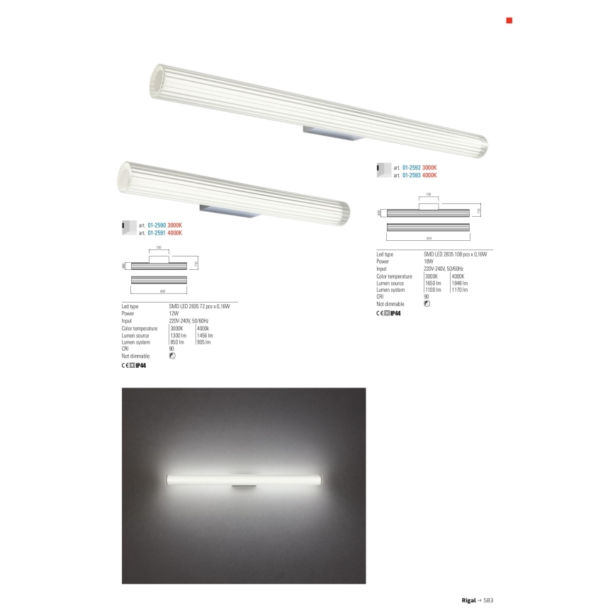 Redo 01-2591 - LED-Spiegelleuchte für Badezimmer RIGAL LED/12W/230V 4000K 90 cm CRI 90 IP44 Hochglanz-Chrom/Weiß