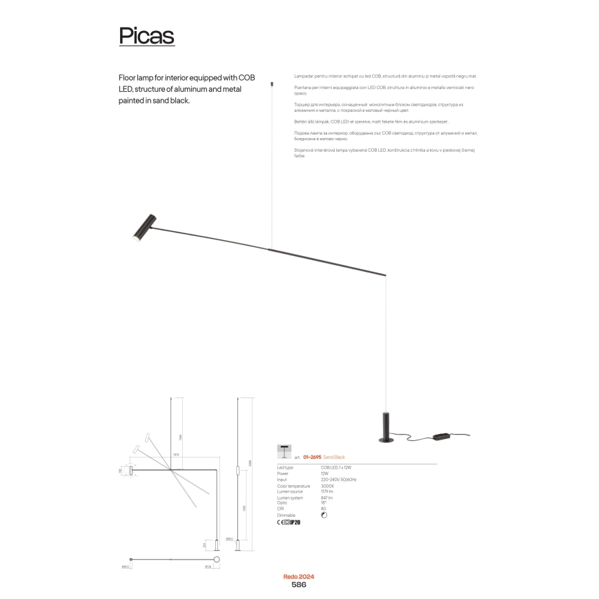 Redo 01-2695 - LED dimmbare Stehleuchte PICAS LED/12W/230V schwarz