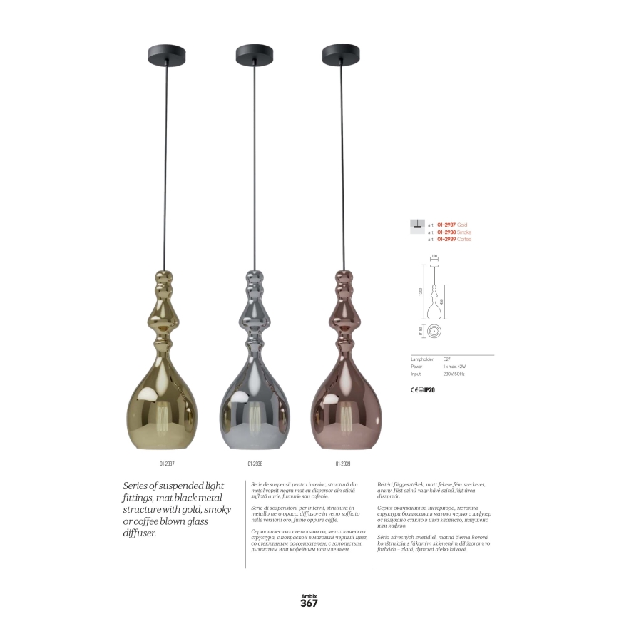 Redo 01-2939 - Pendelleuchte am Kabel AMBIX 1xE27/42W/230V Ø 18 cm braun