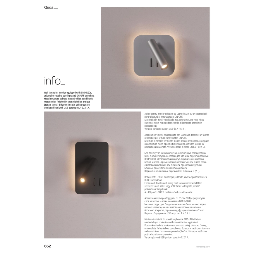 Redo 01-2978 - LED-Wandleuchte QUDA LED/6W/230V + LED/3W 3000K CRI 90 USB mattchrom