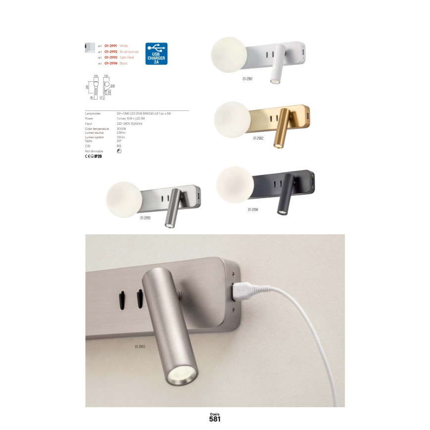 Redo 01-2992 - LED-Wandleuchte OASIS LED/3W/230V + 1xG9/10W USB CRI 90 Bronze