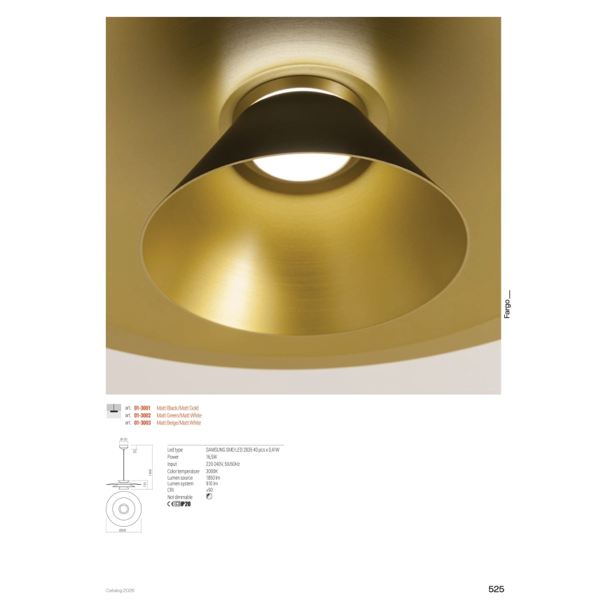 Redo 01-3001 - LED-Pendelleuchte mit Kabelaufhängung FARGO LED/16,5W/230V CRI 90 Ø 50 cm schwarz/gold