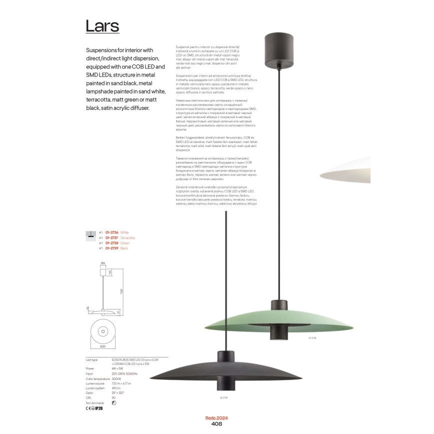 Redo 01-3018 - LED-Pendelleuchte LARS an Stahlseil LED/14W/230V + LED/10W Ø 60 cm CRI 90 weiß