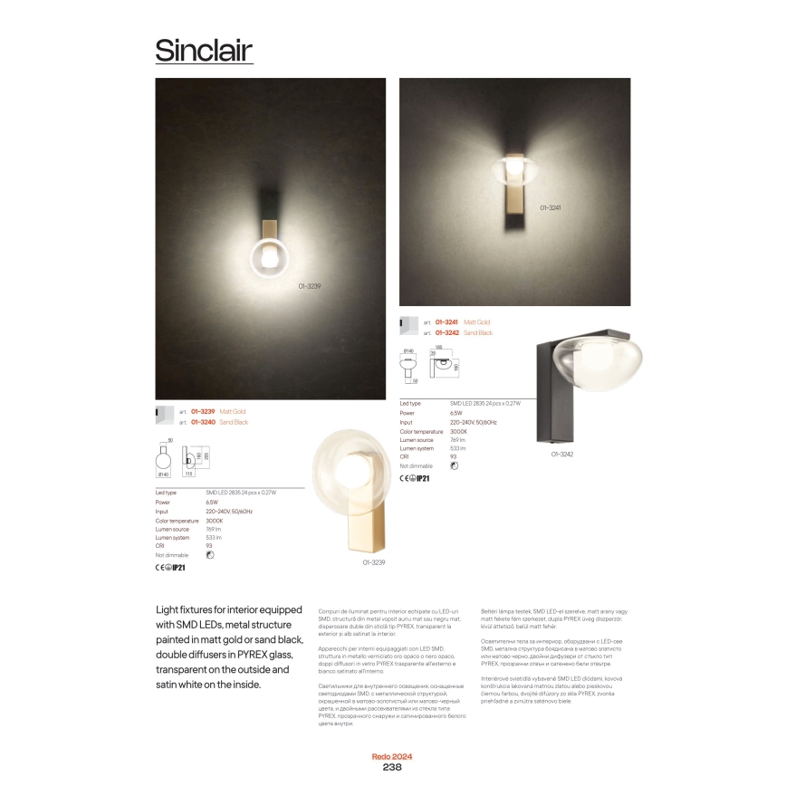 Redo 01-3242 - LED Wandleuchte SINCLAIR LED/6,5W/230V CRI 93 IP21 schwarz