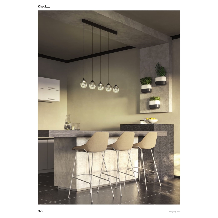 Redo 01-3490 - LED dimmbare Hängeleuchte an Drahtseil KHADI 5xLED/5,2W/230V CRI 90 schwarz/rauchgrau