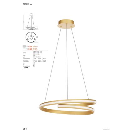 Redo 01-4361 - TORSION LED, dimmbare Pendelleuchte an Stahlseil, LED/40W/230V, 2700/3000/4000K, CRI 90, Ø 56 cm, goldfarben