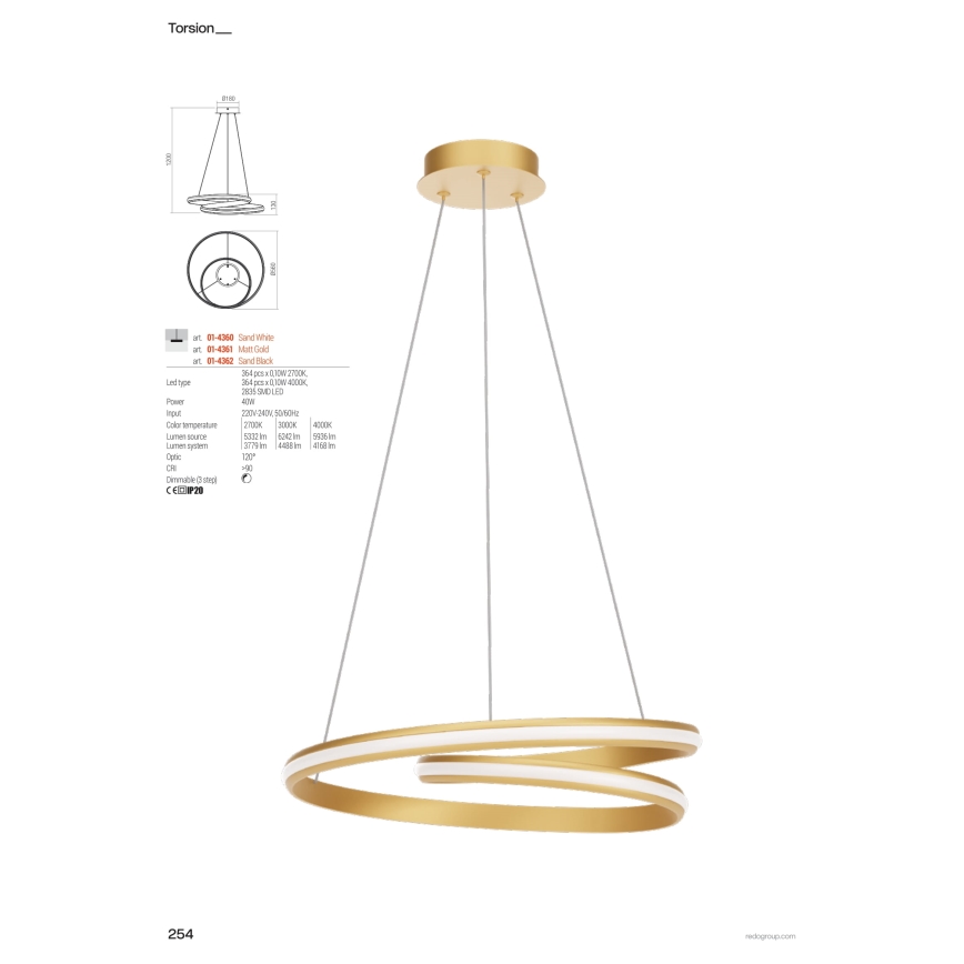Redo 01-4361 - TORSION LED, dimmbare Pendelleuchte an Stahlseil, LED/40W/230V, 2700/3000/4000K, CRI 90, Ø 56 cm, goldfarben