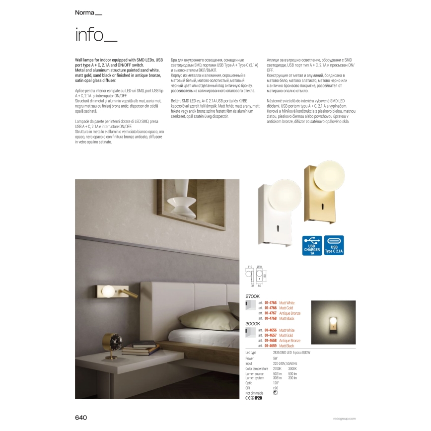 Redo 01-4657 - LED-Wandleuchte NORMA LED/5W/230V CRI 90 USB weiß/gold
