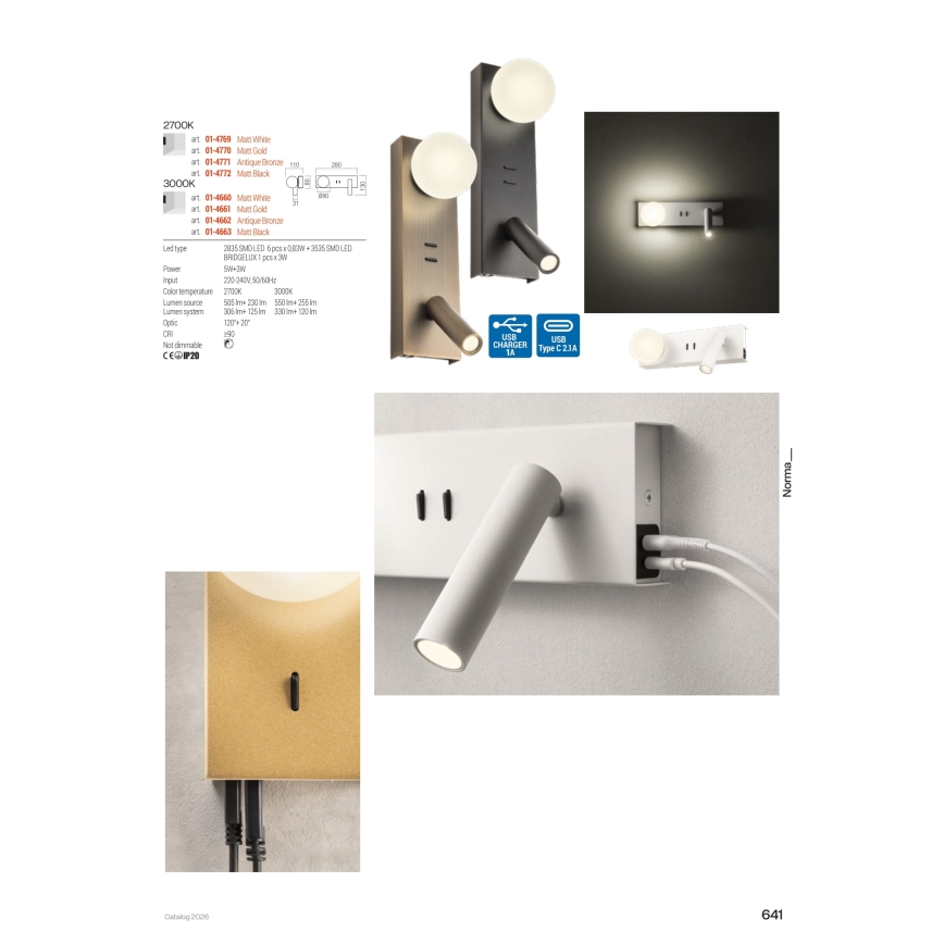 Redo 01-4660 - LED-Wandleuchte NORMA LED/5W/230V + LED/3W CRI 90 USB weiß