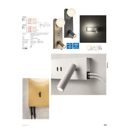 Redo 01-4661 - LED-Wandleuchte NORMA LED/5W/230V + LED/3W CRI 90 USB weiß/gold