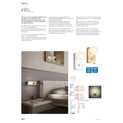 Redo 01-4662 - LED-Wandleuchte NORMA LED/5W/230V + LED/3W CRI 90 USB weiß/bronze