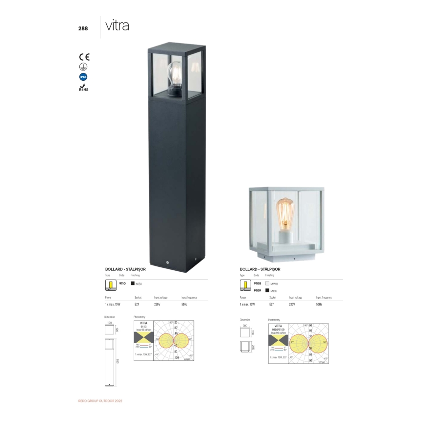 Redo 9109 - Außenleuchte VITRA 1xE27/15W/230V IP54 schwarz