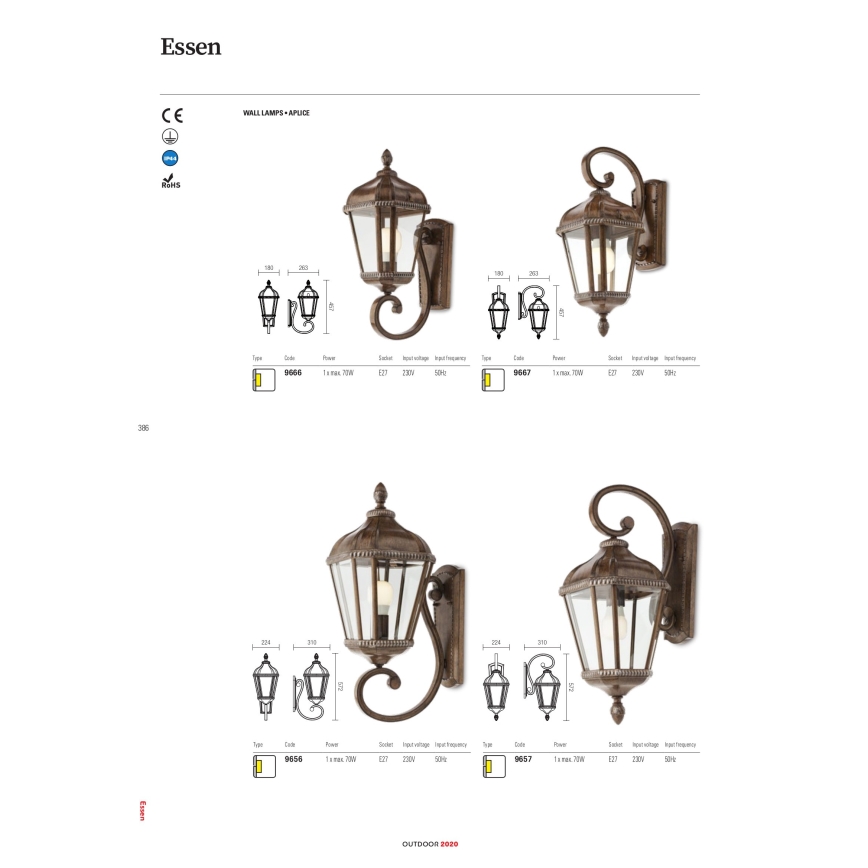 Redo 9656 - Außenwandleuchte ESSEN 1xE27/70W/230V IP44 braun/Patina