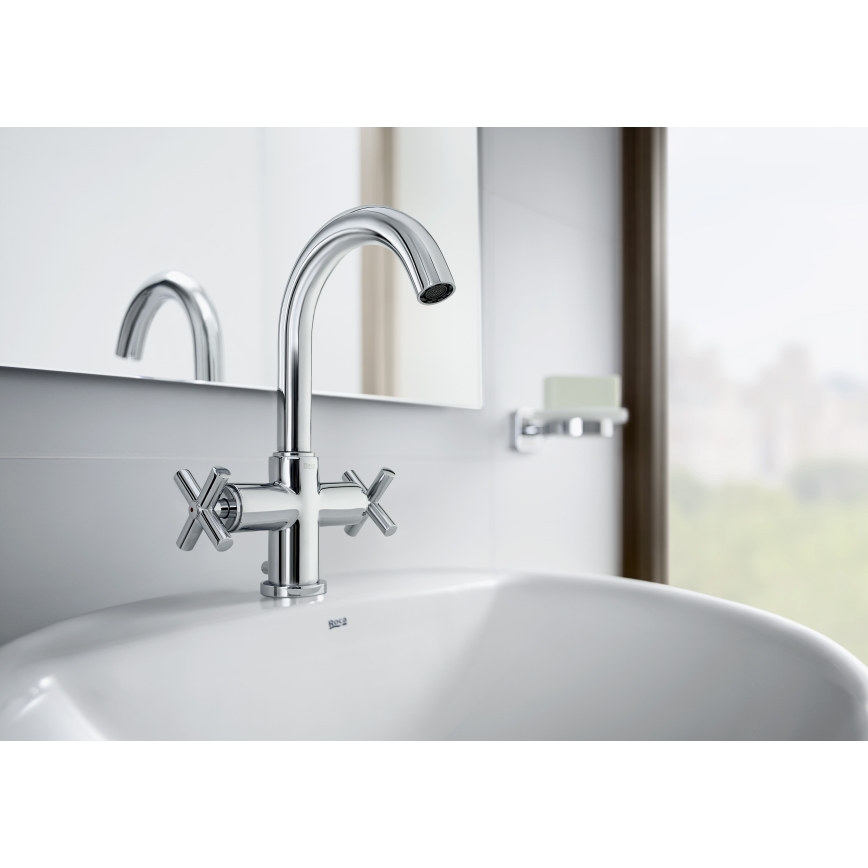 Roca A5A3043C00 - Waschbeckenarmatur + Ablauf mit Überlauf LOFT 27 cm glänzendes Chrom