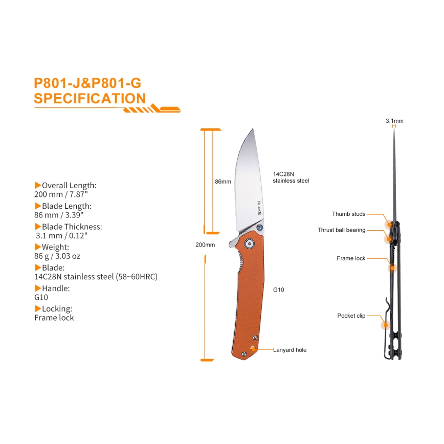 Ruike RUP801J - Klappmesser 20 cm orange