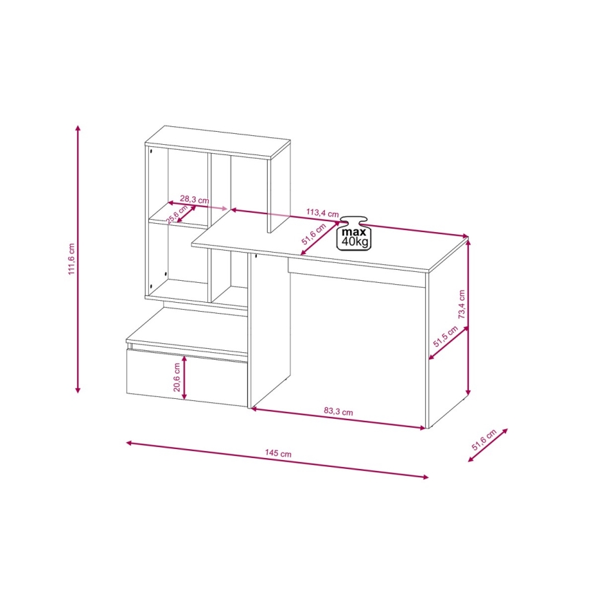 Schreibtisch mit Regal MARLO, Betongrau/Weiß