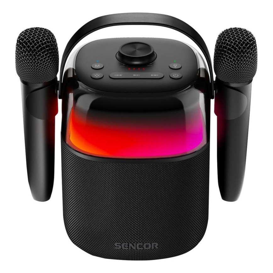 Sencor - LED RGB Lautsprecher mit kabellosen Mikrofonen 35W 8000 mAh + 2x 1800 mAh IPX5 schwarz