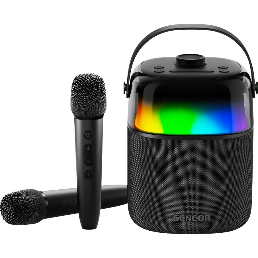 Sencor - LED RGB Lautsprecher mit kabellosen Mikrofonen 35W 8000 mAh + 2x 1800 mAh IPX5 schwarz