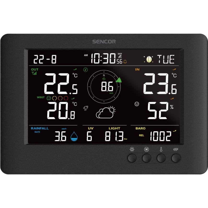 Sencor - Profi-Wetterstation mit Farb-LCD-Anzeige und Wecker 5V/1xCR2032 + 3xAA