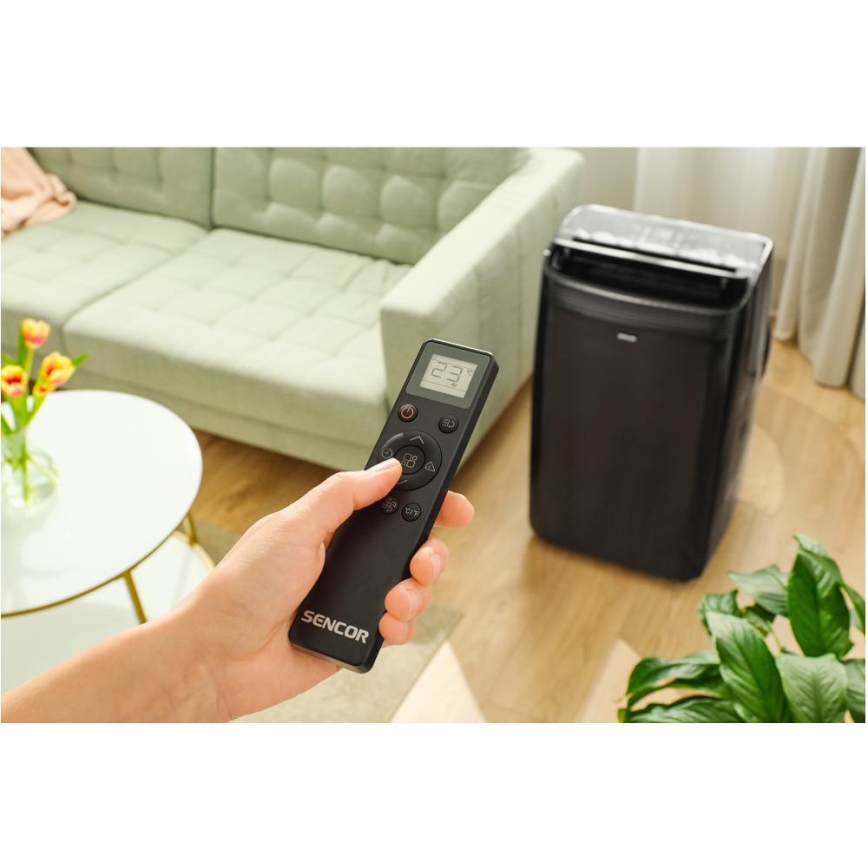 Sencor - Intelligente mobile Klimaanlage 4in1 inklusive komplettem Zubehör 900W/230V 9000 BTU Wi-Fi schwarz + Fernbedienung