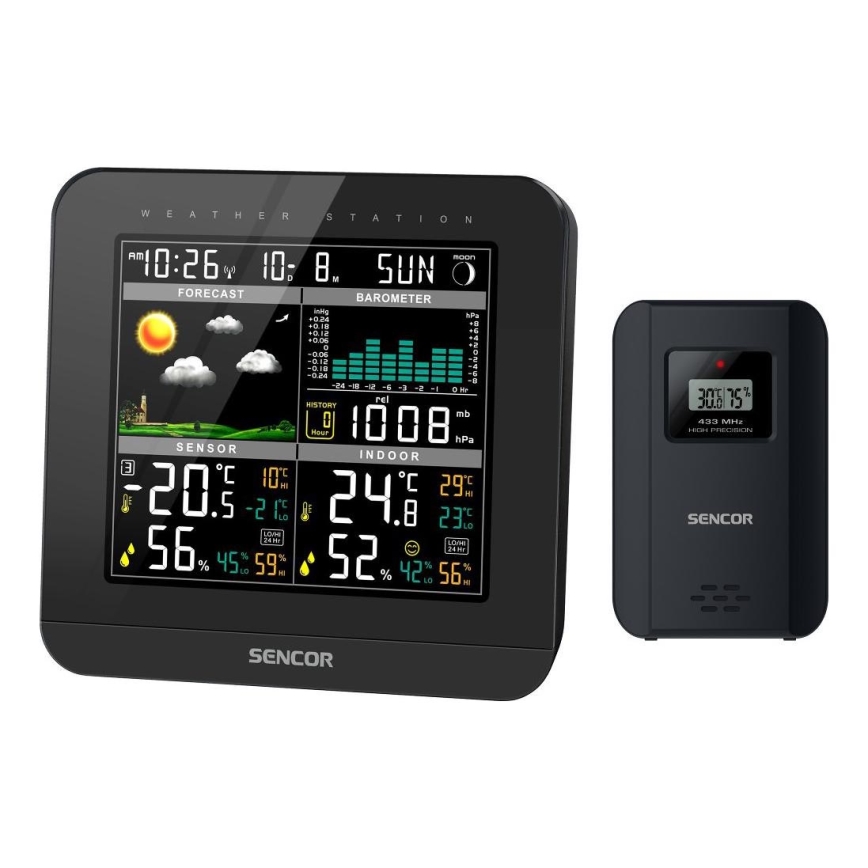 Sencor - Wetterstation mit Farb-LCD-Anzeige und Wecker 3xAAA + 2x AA schwarz