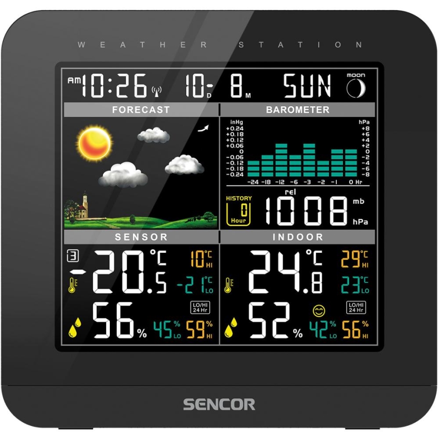 Sencor - Wetterstation mit Farb-LCD-Anzeige und Wecker 3xAAA + 2x AA schwarz