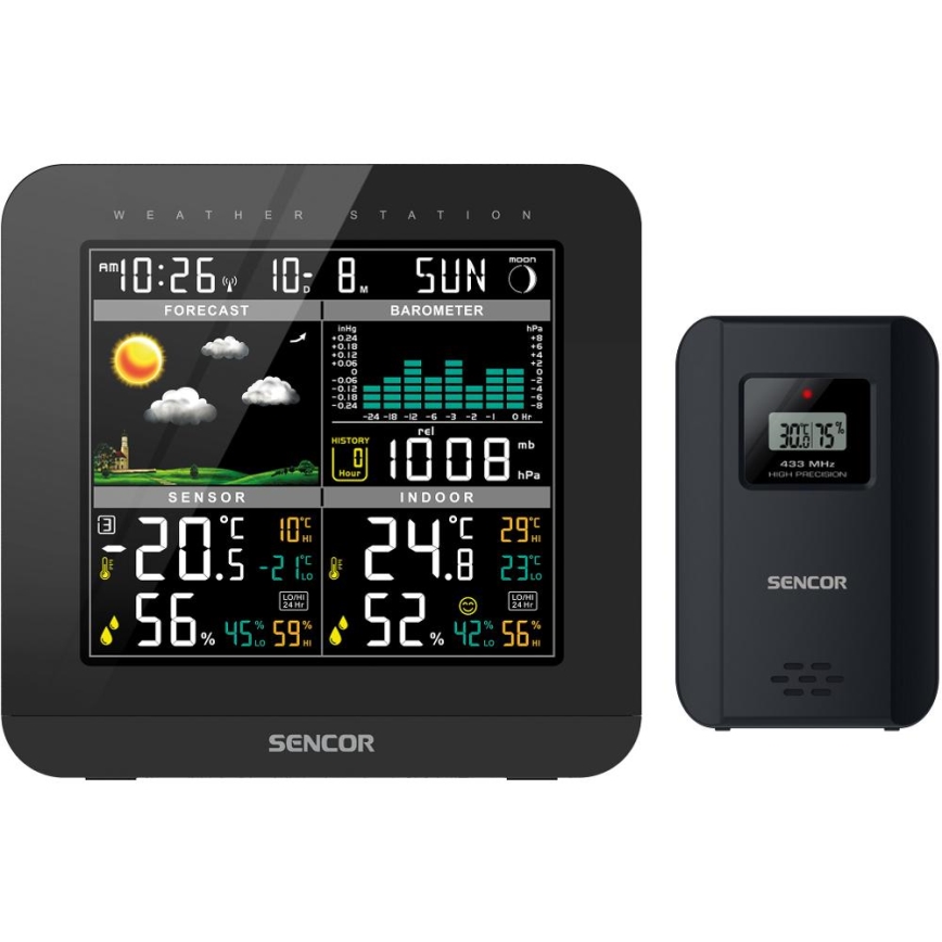 Sencor - Wetterstation mit Farb-LCD-Anzeige und Wecker 3xAAA + 2x AA schwarz