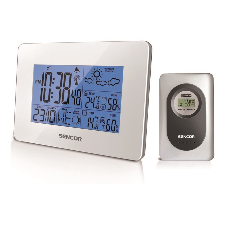 Sencor - Wetterstation mit LCD-Anzeige und Wecker 3xAA + 2xAAA weiß
